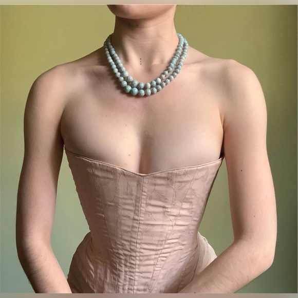 Vintage Peking Glass Necklace Pastel Blue Speckled Beads Faux Pearls